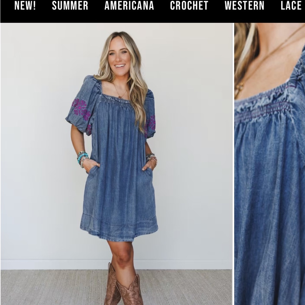 Three Bird Nest Blue Denim Mini Dress with Pink Embroidery